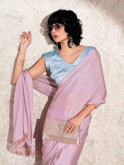 Pink colored jacquard saree with mukaish work satin blouse