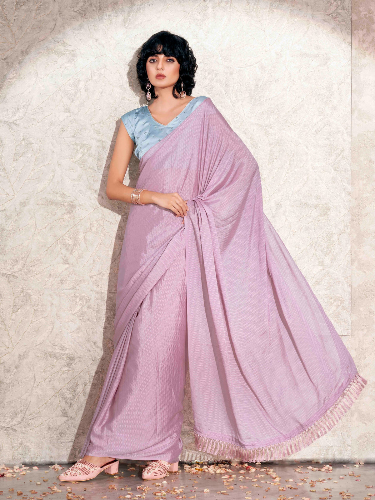 Pink colored jacquard saree with mukaish work satin blouse