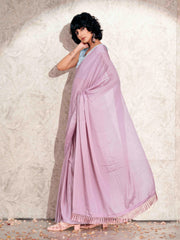 Pink colored jacquard saree with mukaish work satin blouse