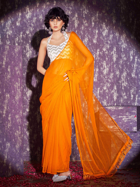 Ready to wear yellow colored chiffon saree with sequin embroidered blouse