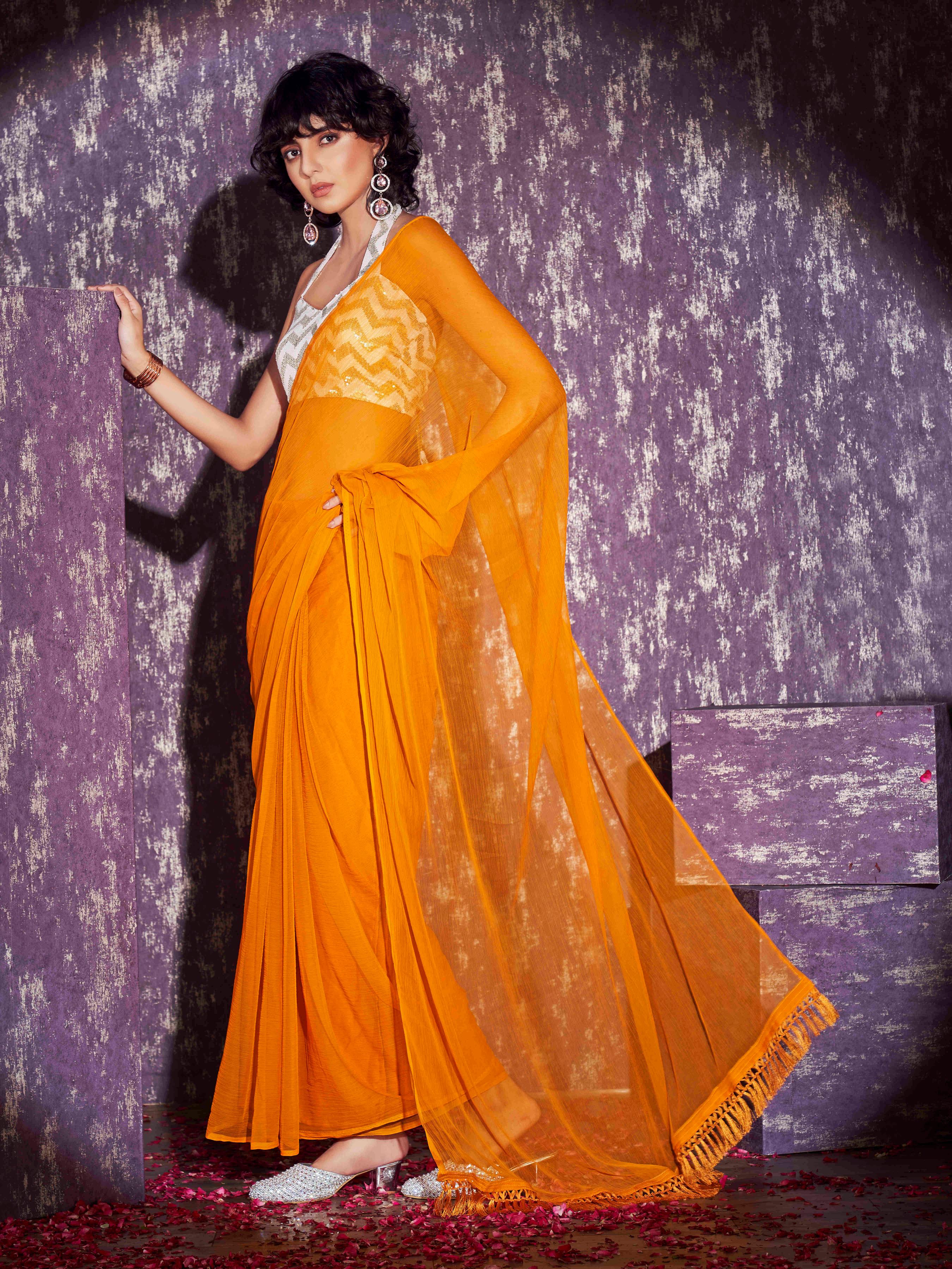 Ready to wear yellow colored chiffon saree with sequin embroidered blouse