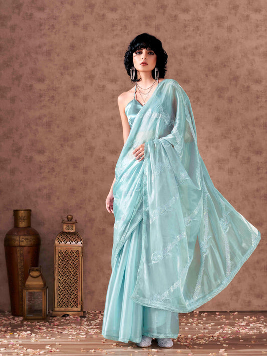 Half and half blue colored satin chiffon sequence embroidered saree with crochet lace