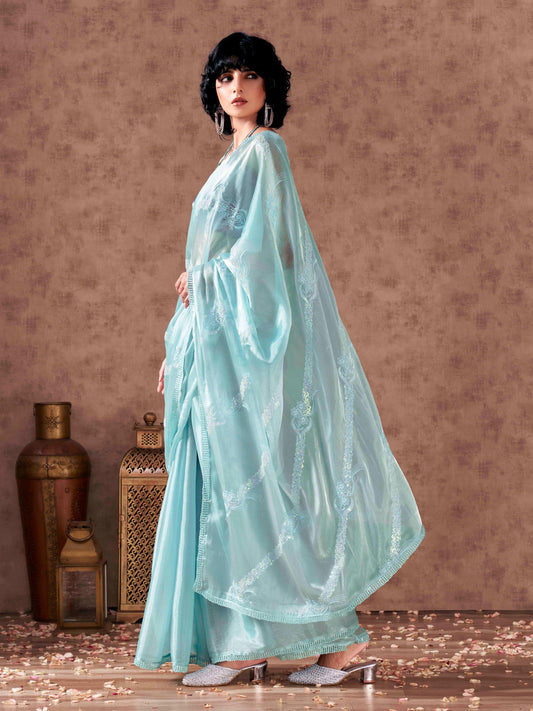 Half and half blue colored satin chiffon sequence embroidered saree with crochet lace