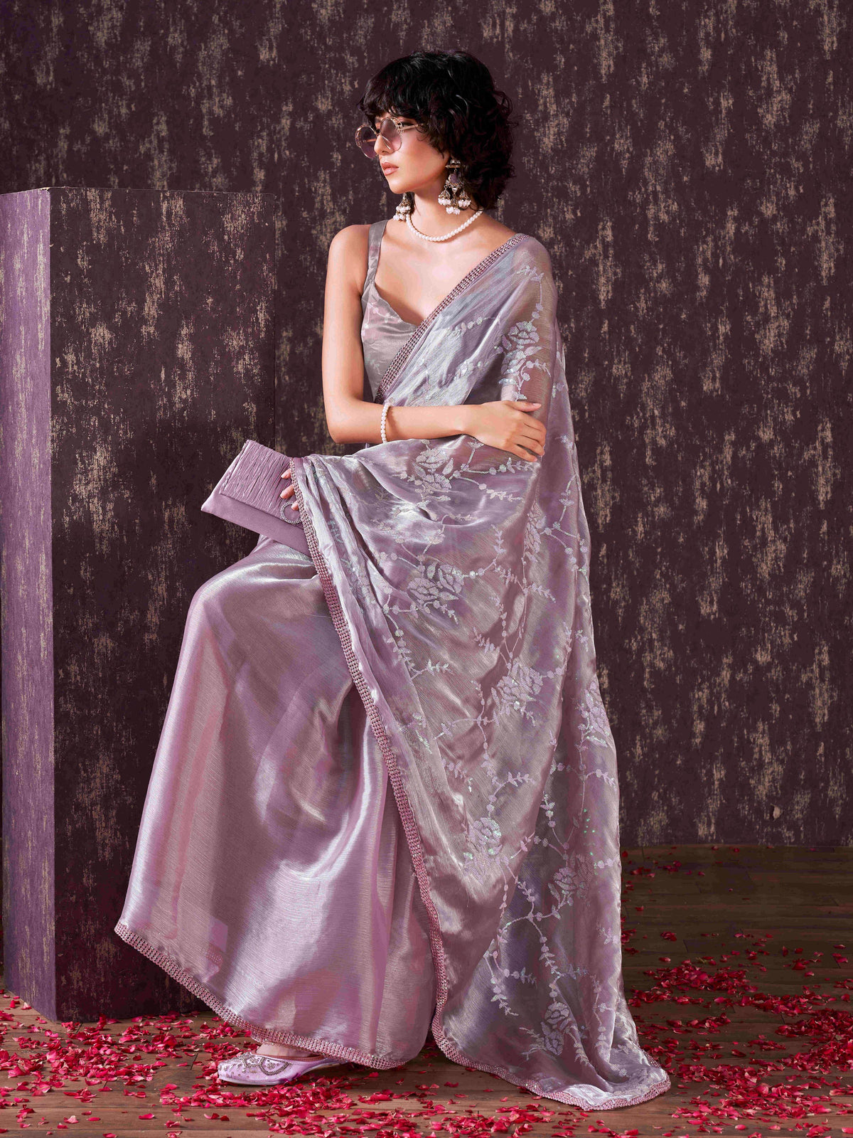 Half and half mauve colored satin chiffon sequence embroidered saree with crochet lace