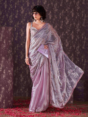 Half and half mauve colored satin chiffon sequence embroidered saree with crochet lace