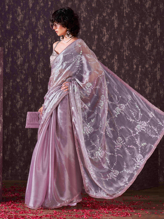 Half and half mauve colored satin chiffon sequence embroidered saree with crochet lace