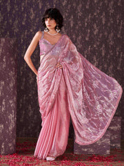 Half and half pink colored satin chiffon sequence embroidered saree with crochet lace