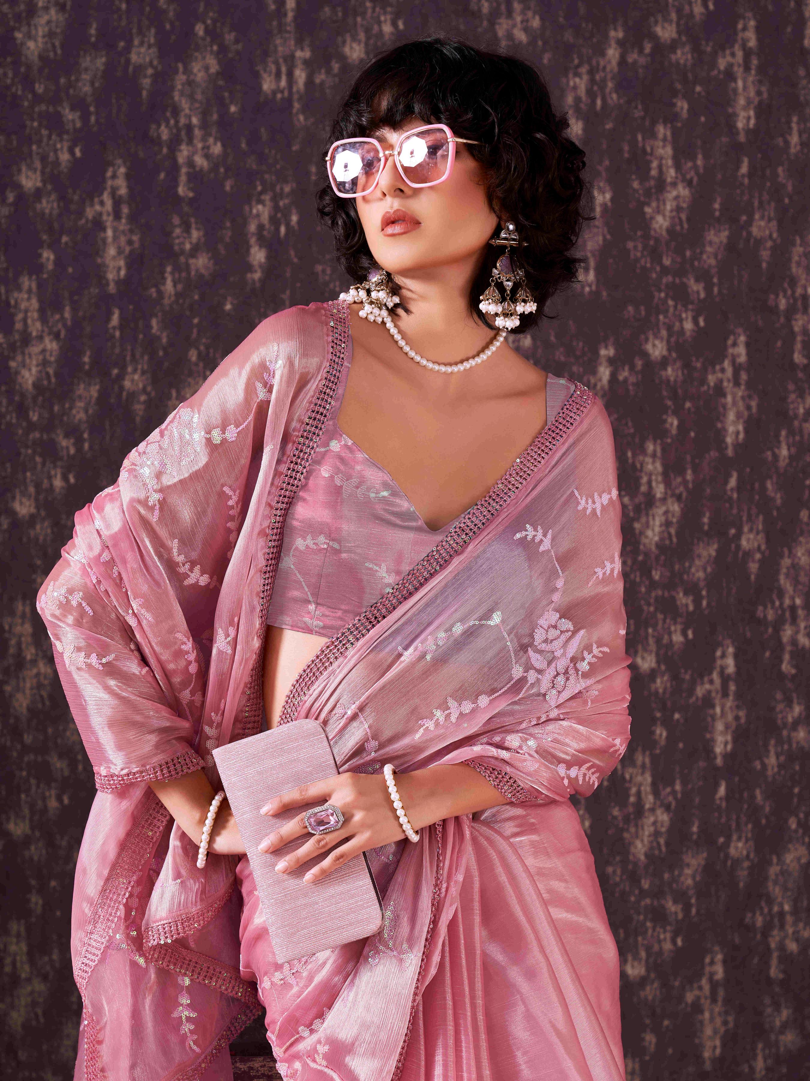 Half and half pink colored satin chiffon sequence embroidered saree with crochet lace