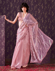 Half and half peach colored satin chiffon sequence embroidered saree with crochet lace