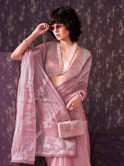 Half and half peach colored satin chiffon sequence embroidered saree with crochet lace