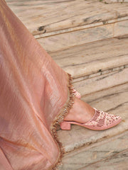 Peach colored crushed organza saree with designer lace and brocade blouse