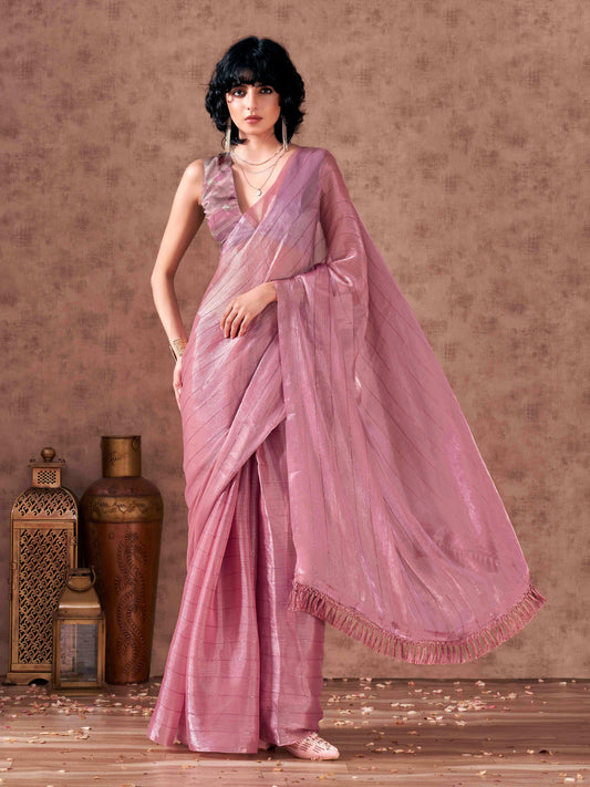 Pink colored sequin embroidered satin chiffon saree with tassles on pallu