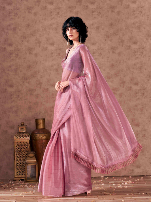 Pink colored sequin embroidered satin chiffon saree with tassles on pallu