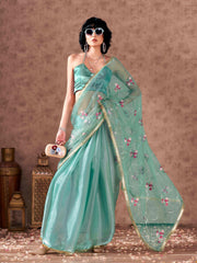 Half and half sea green colored net and satin chiffon sequined embroidered saree with designer lace