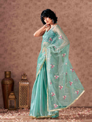 Half and half sea green colored net and satin chiffon sequined embroidered saree with designer lace