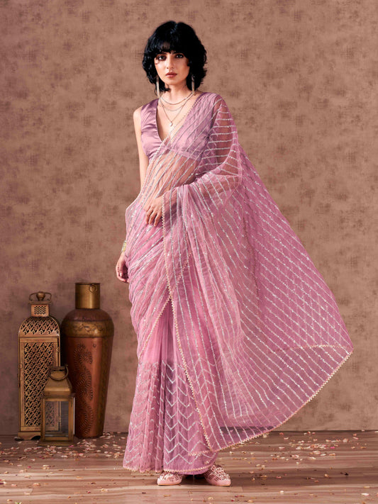 Pink colored heavy sequined embroidered net saree with gota patti lace