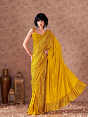 Half and Half yellow colored sequined lycra saree