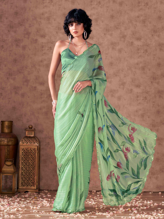 Green colored hand printed striped satin saree with scalloped border