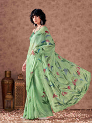 Green colored hand printed striped satin saree with scalloped border