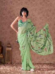 Green colored hand printed striped satin saree with scalloped border