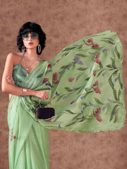 Green colored hand printed striped satin saree with scalloped border