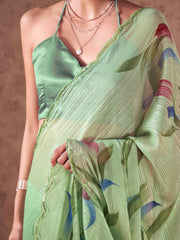 Green colored hand printed striped satin saree with scalloped border