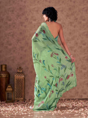 Green colored hand printed striped satin saree with scalloped border