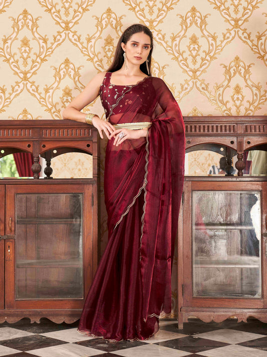 Maroon colored satin chiffon saree with embroiderd blouse and scalloped border