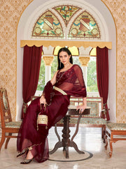 Maroon colored satin chiffon saree with embroiderd blouse and scalloped border