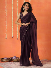 Violet colored satin chiffon saree with embroiderd blouse and scalloped border