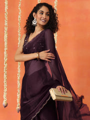 Violet colored satin chiffon saree with embroiderd blouse and scalloped border