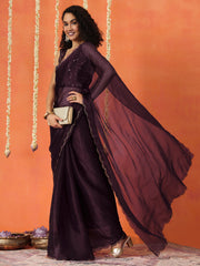 Violet colored satin chiffon saree with embroiderd blouse and scalloped border