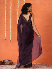 Violet colored satin chiffon saree with embroiderd blouse and scalloped border