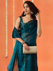 Teal colored satin chiffon saree with embroiderd blouse and scalloped border