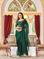 Bottle green colored satin chiffon saree with embroiderd blouse and scalloped border