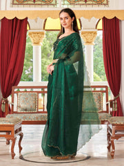 Bottle green colored satin chiffon saree with embroiderd blouse and scalloped border