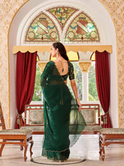 Bottle green colored satin chiffon saree with embroiderd blouse and scalloped border