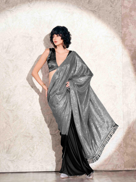 Silver and black colored designer lycra saree