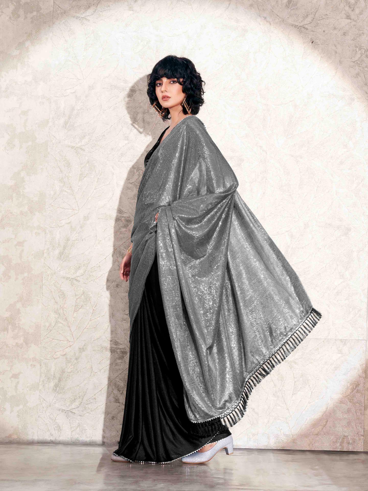 Silver and black colored designer lycra saree