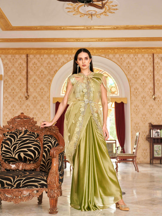 Green colored designer saree with dupatta which can be draped multiple ways