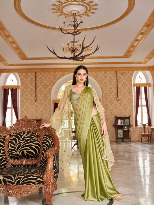 Green colored designer saree with dupatta which can be draped multiple ways