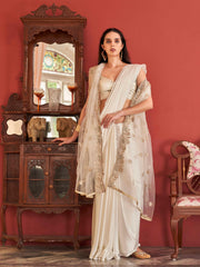 White colored designer saree with dupatta which can be draped multiple ways