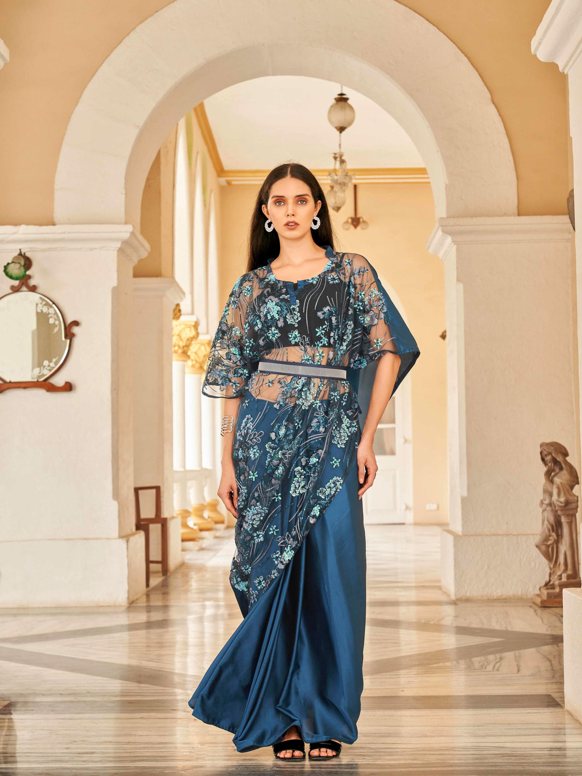 Teal colored desiger kaftan saree with belt