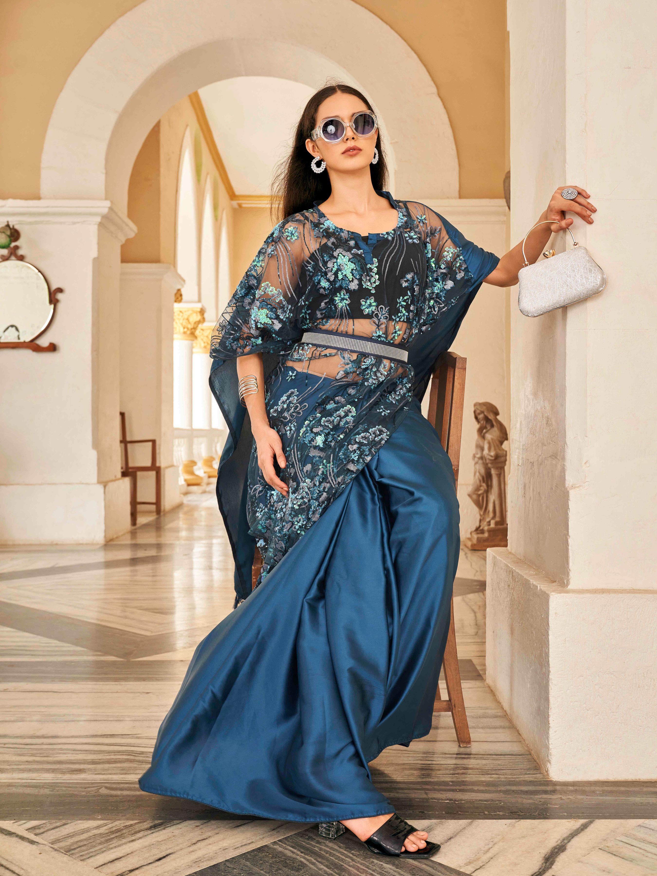 Teal colored desiger kaftan saree with belt