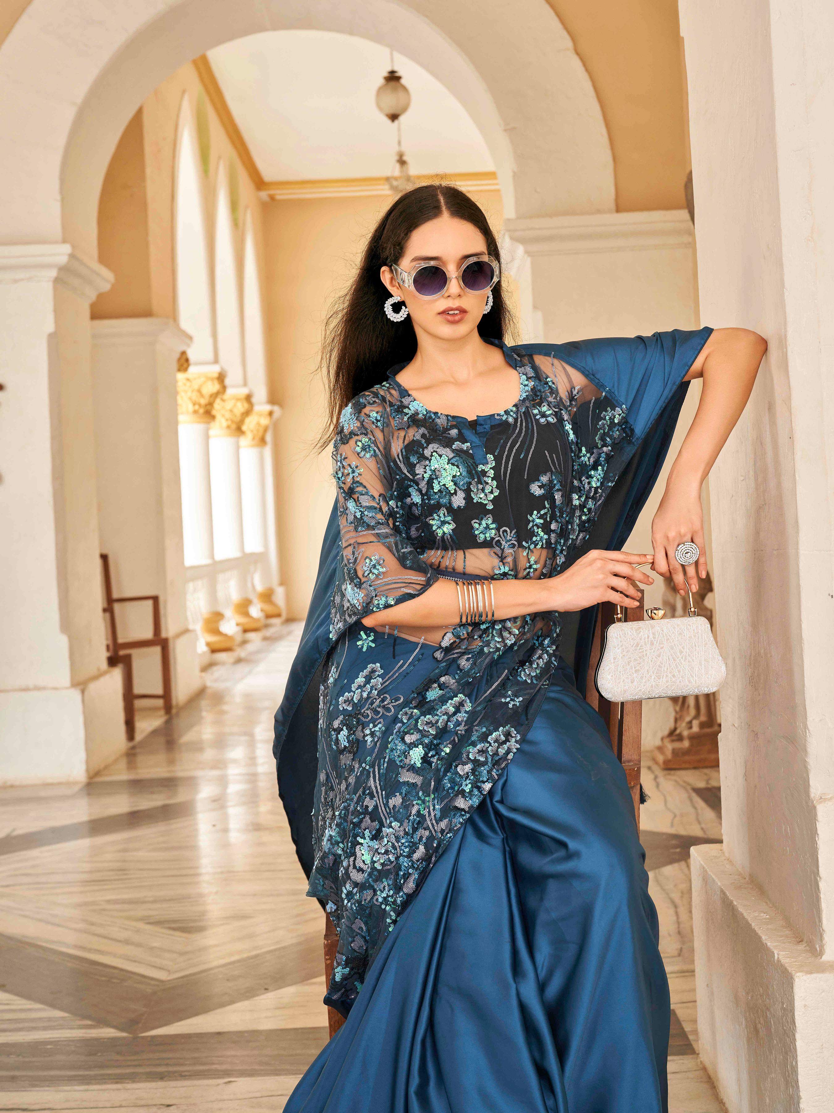 Teal colored desiger kaftan saree with belt