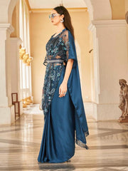 Teal colored desiger kaftan saree with belt