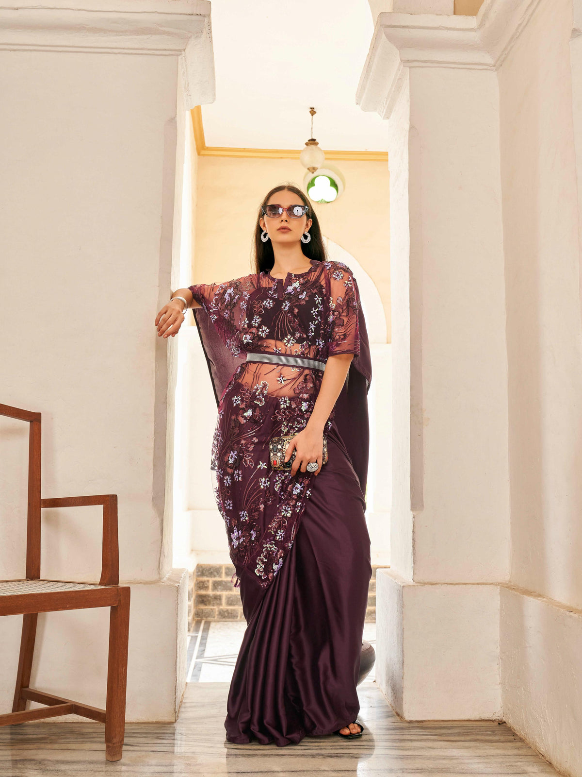 Magenta colored desiger kaftan saree with belt