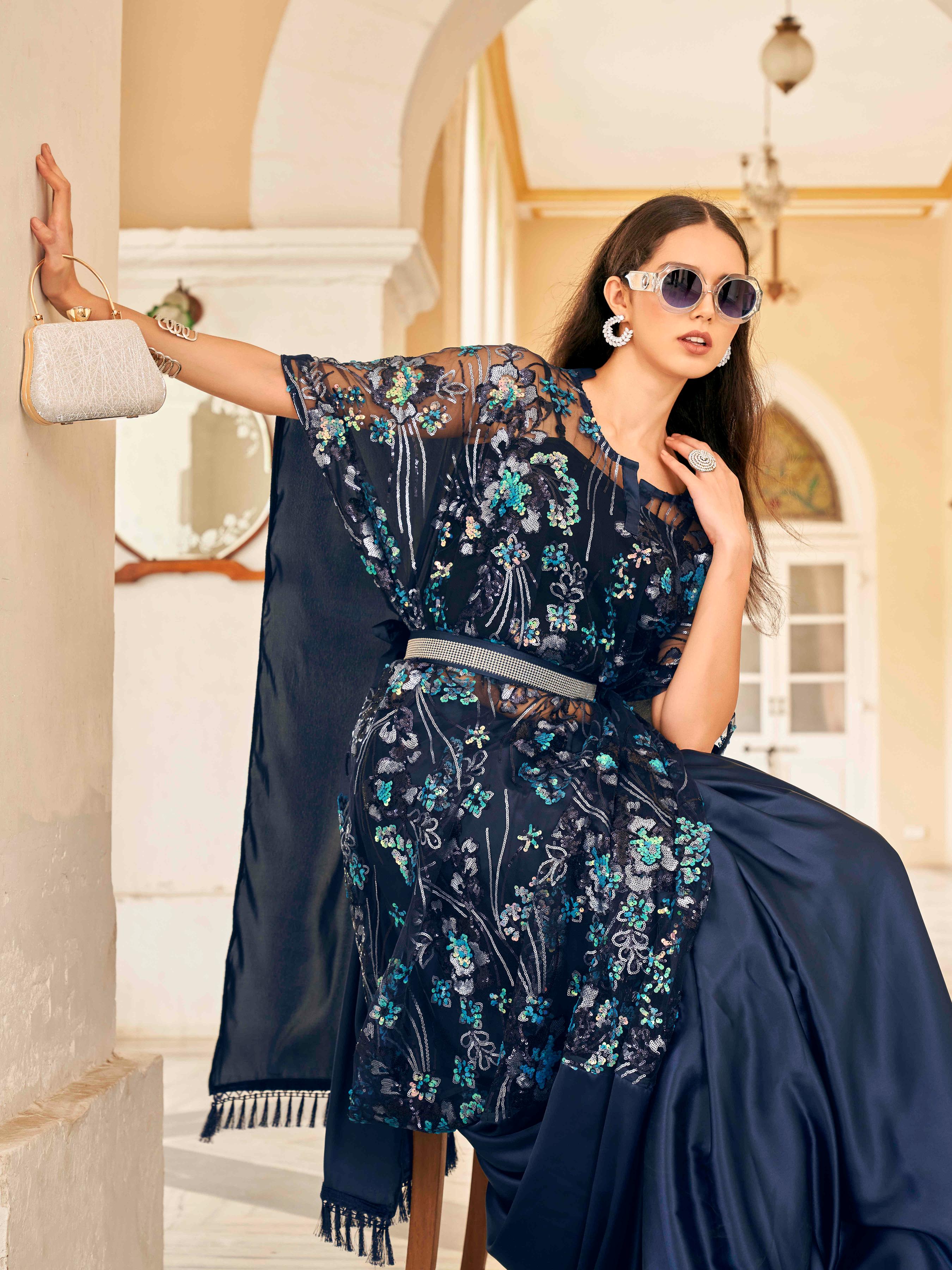 Navy blue colored desiger kaftan saree with belt