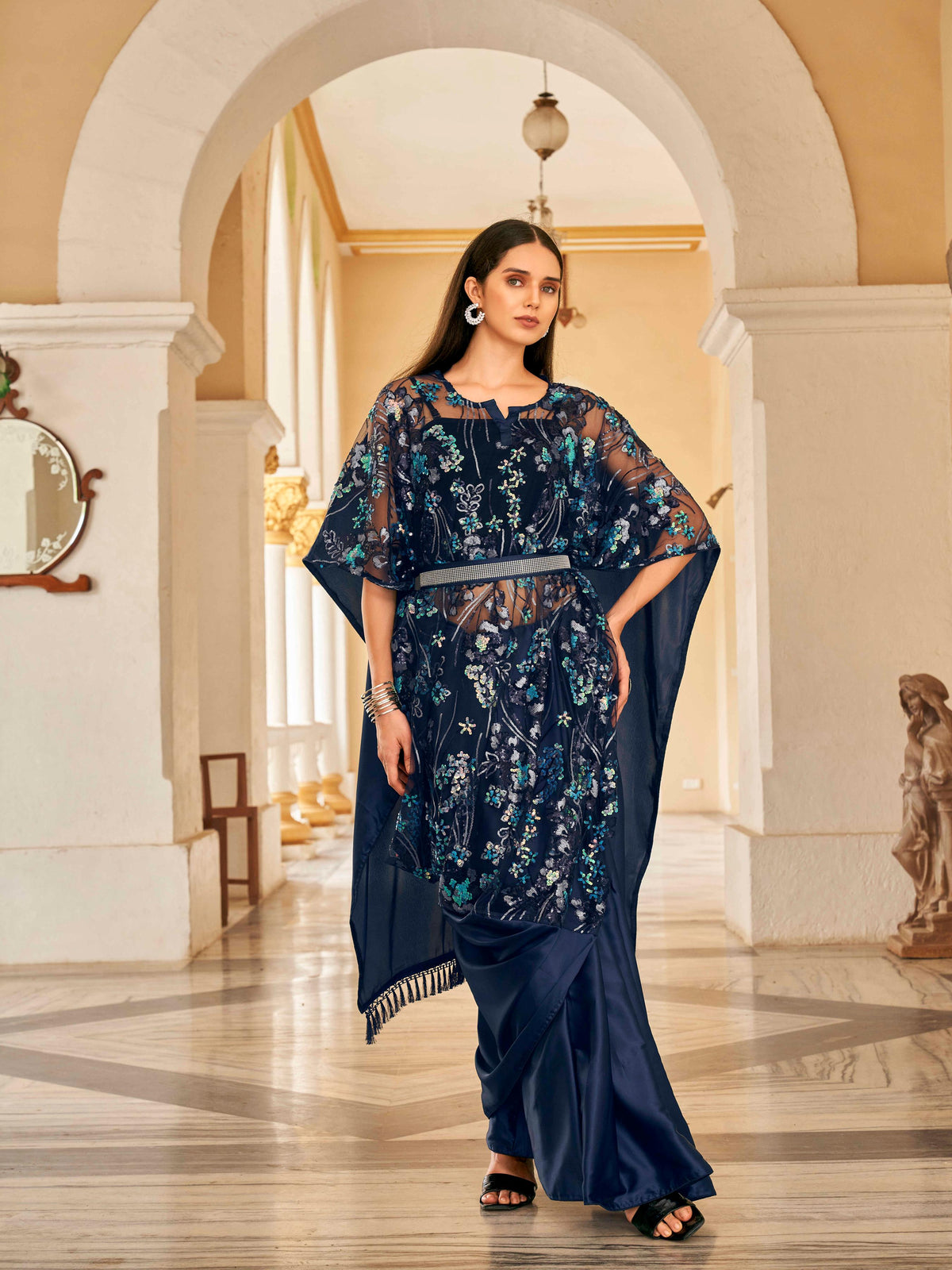 Navy blue colored desiger kaftan saree with belt