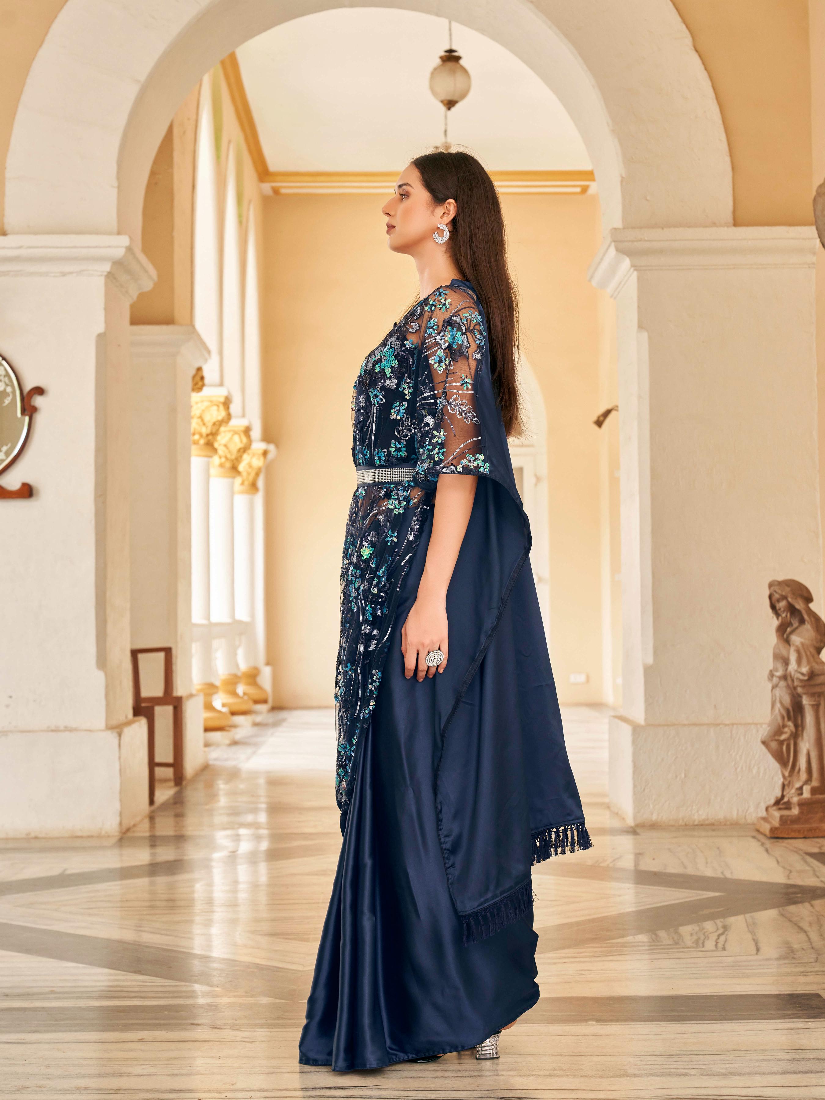 Navy blue colored desiger kaftan saree with belt